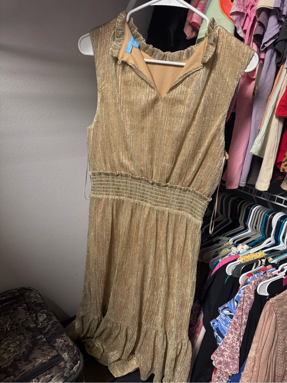Draper James Gold Metallic Sleeveless Ruffle-Neck Maxi Dress
